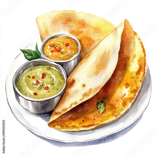 Illustration of a plate with crispy dosa and spicy chutneys, highlighting vibrant colors and flavors. Perfect depiction of traditional Indian cuisine.