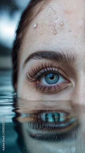 A close-up shot of a woman's eye partially submerged in water. The eye has long, curled eyelashes and a reflective glacier blue iris.