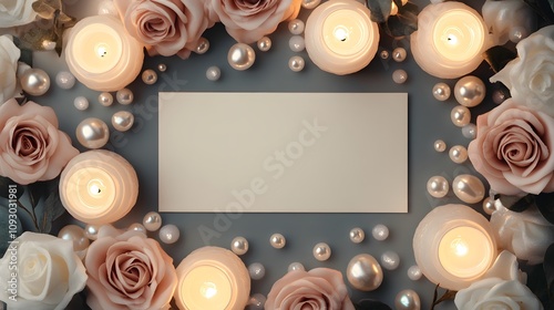 Blank mockup template of an invitation card bordered by blush silk roses, frosted candles, and glowing pearls for an intimate setting.