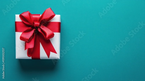 A beautifully wrapped gift box with a red ribbon on a teal background.