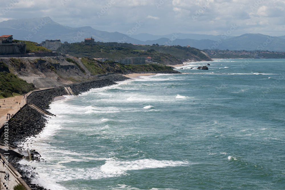 Panoramic view on seashore, cliffs, sandy beaches near touristic Biarritz city, Basque Country, Bay of Biscay of Atlantic ocean, France Panoramic view on seashore, cliffs, sandy beaches near touristic Biarritz city, Basque Country, Bay of Biscay of Atlantic ocean, France