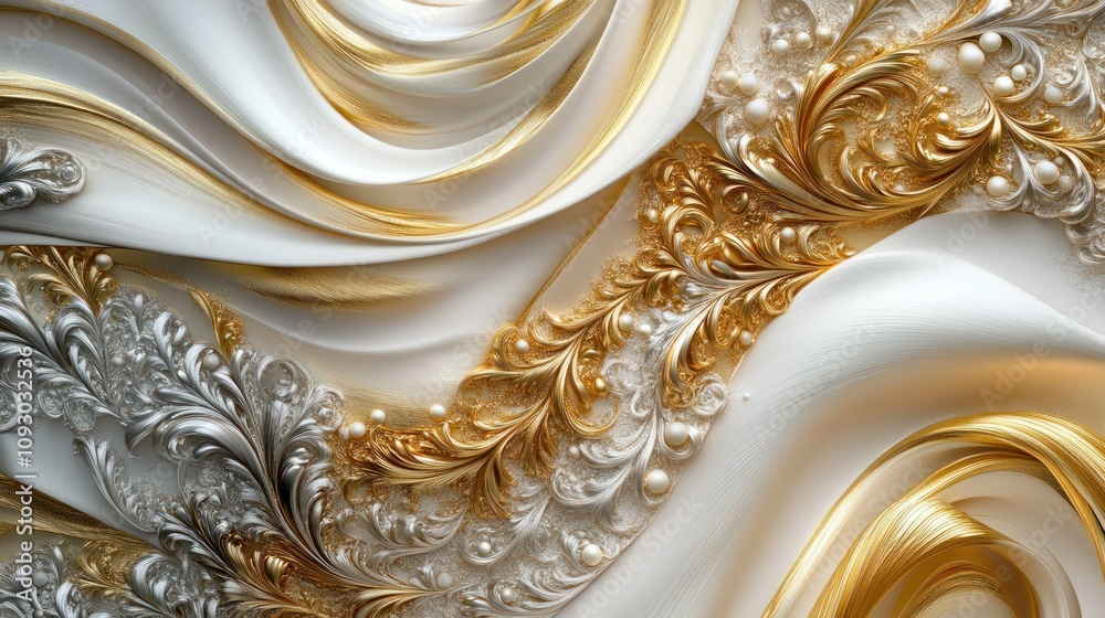 A lavish composition where a golden base transitions diagonally from taupe beige to silvery white, interwoven with intricate gold filigree accents. A lavish composition where a golden base transitions diagonally from taupe beige to silvery white, interwoven with intricate gold filigree accents.