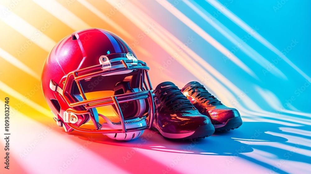 Naklejka premium Vibrant American Football Gear Display on Colorful Background with Negative Space for Text - Clean and Striking Sports Advertising Concept