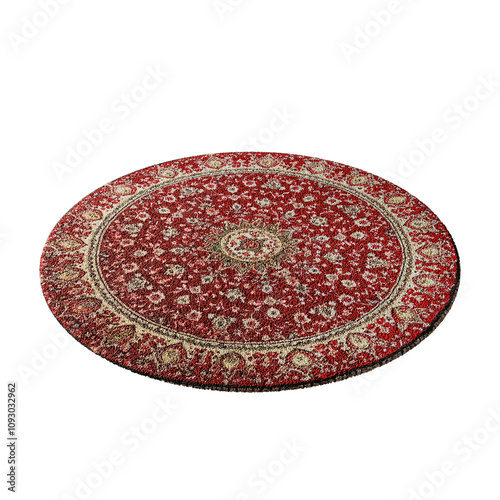 A red rug with a pattern of flowers and leaves