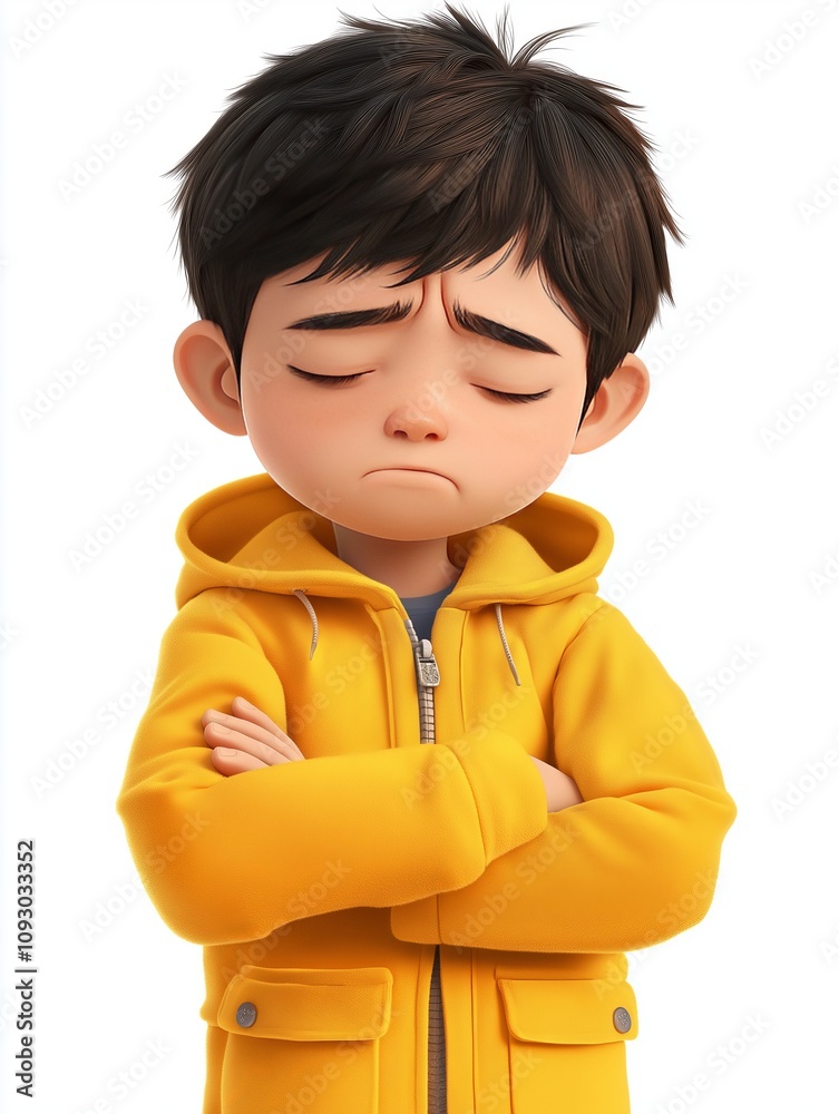 Cartoon Young boy with a disappointed expression wearing a yellow jacket indoors Cartoon Young boy with a disappointed expression wearing a yellow jacket indoors