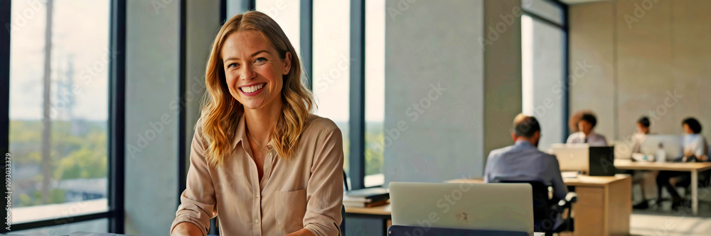 Smiling Woman Working on Laptop in Modern Office with Natural Light Smiling Woman Working on Laptop in Modern Office with Natural Light