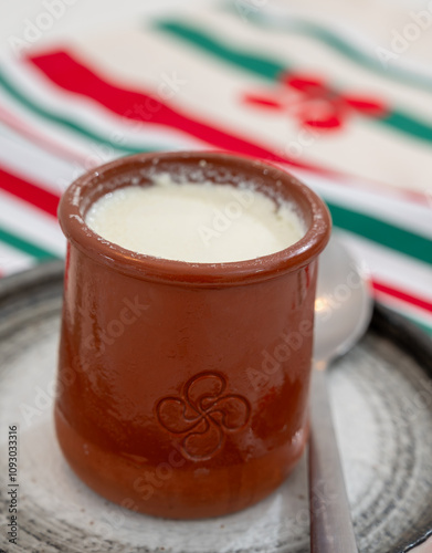 Basque sheep’s milk curd dessert Mamia or Cuajada, Curd, maman, gatzatua or gaztanbera Original Basque Dessert curdled with rennet photo