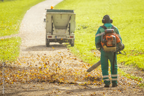 Back view of a public worker using leaf blower to clean path in a park from fallen leaves. Autumn scene in park, maintenance of paths, utility vehicle visible
