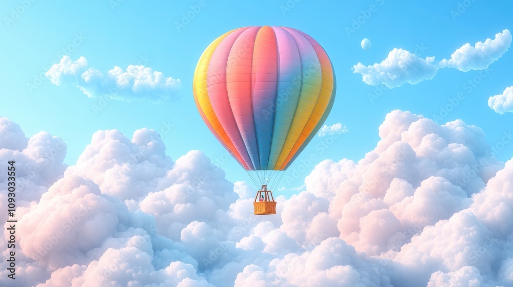 Fototapeta premium Vibrant Hot Air Balloon Floating Through Soft, Fluffy Clouds Under a Clear Blue Sky with Gentle Sunlight Illuminating the Colorful Canopy