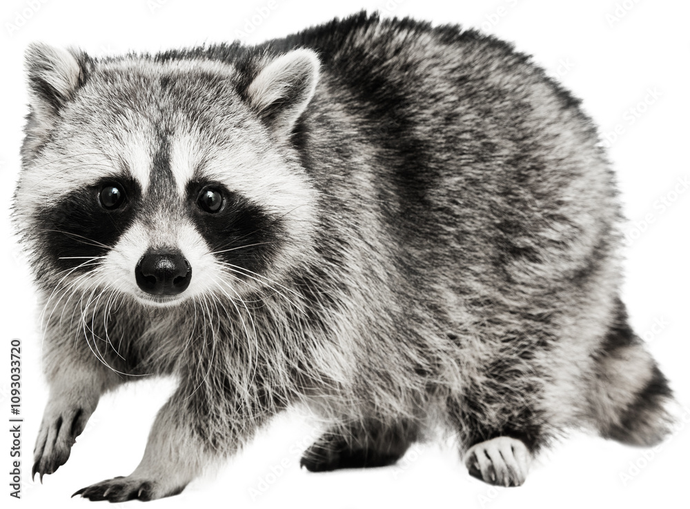 Fototapeta premium Beautiful white grey raccoon looking at camera curiously with his bright smart, cute eyes against transparent background. Environmental care. Concept of animals, veterinary, zoo, wildlife. Ad