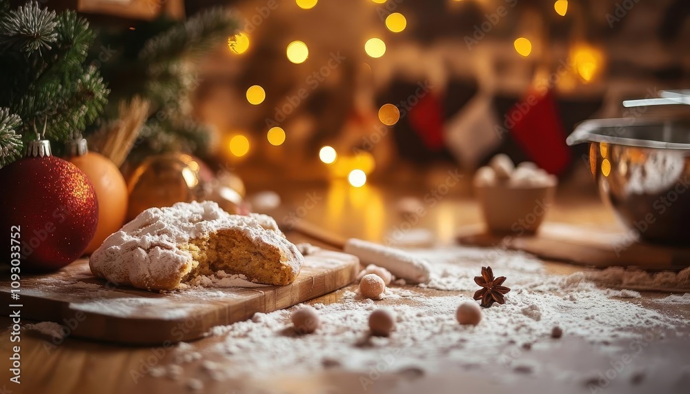Christmas baking traditions with vibrant ingredients, soft lighting, cozy kitchen Christmas baking traditions with vibrant ingredients, soft lighting, cozy kitchen