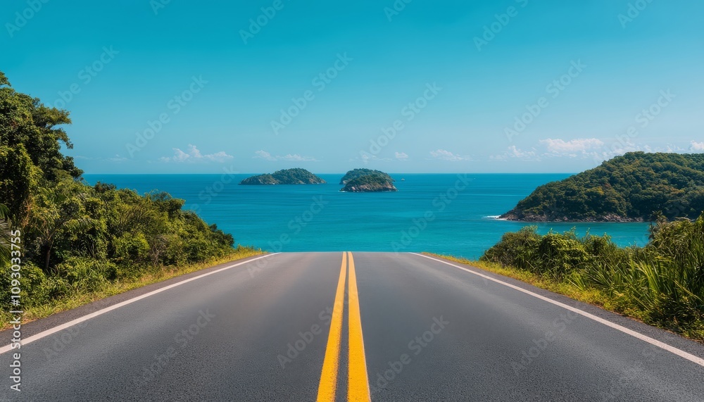 Scenic coastal road leads to vibrant blue ocean and lush greenery under clear sky Scenic coastal road leads to vibrant blue ocean and lush greenery under clear sky