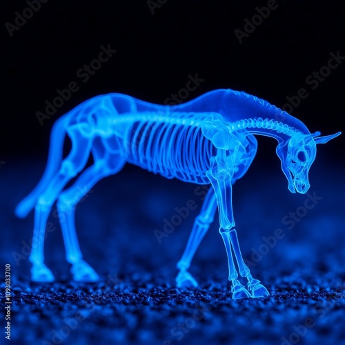 Blue glowing horse skeleton anatomy model.