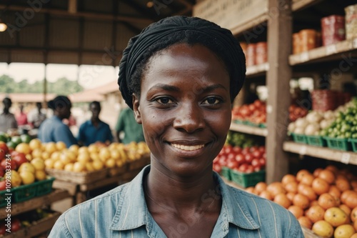 Close portrait of a smiling 40s Ugandan female grocer standing and looking at the camera, Ugandan grocery store blurred background