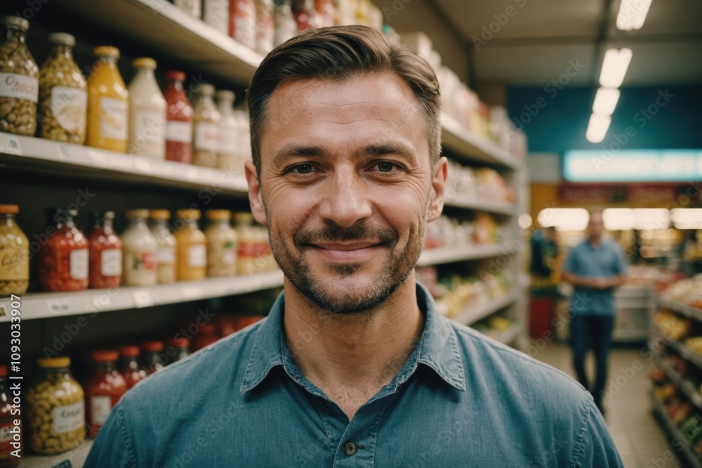 Close portrait of a smiling 40s Ukrainian male grocer standing and looking at the camera, Ukrainian grocery store blurred background Close portrait of a smiling 40s Ukrainian male grocer standing and looking at the camera, Ukrainian grocery store blurred background