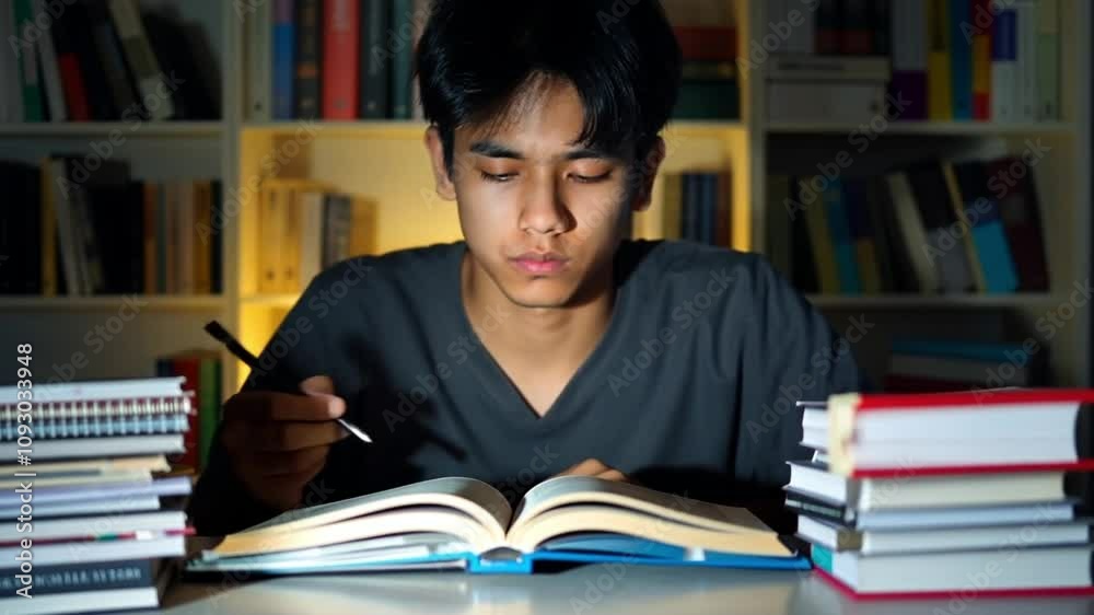 A tired young Asian man experiencing burnout while studying late at night surrounded by books. Concept of academic pressure and mental fatigue. A tired young Asian man experiencing burnout while studying late at night surrounded by books. Concept of academic pressure and mental fatigue.