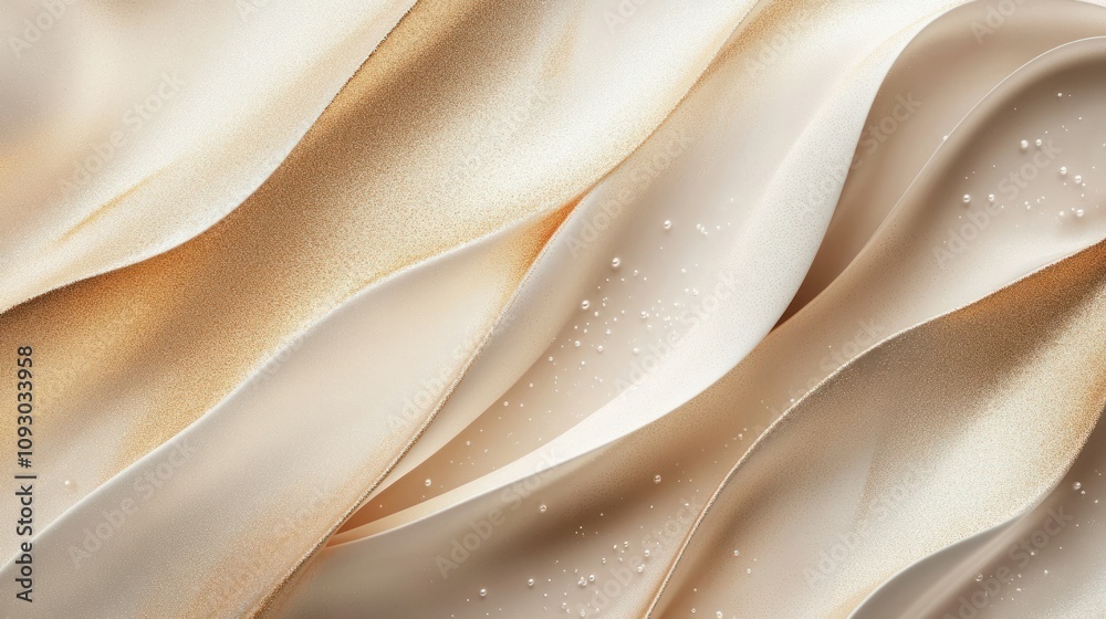 Obraz premium A radiant golden backdrop with gradient tones blending beige and pearl white, highlighted by soft, swirling golden streaks. The scene is subtly textured with a shimmering metallic finish