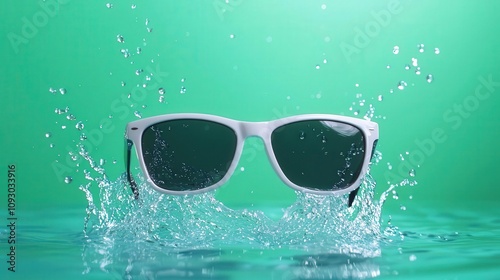 A pair of sunglasses falling into a pool, clear droplets splashing as they hit the water, sunglasses splash, poolside clarity photo