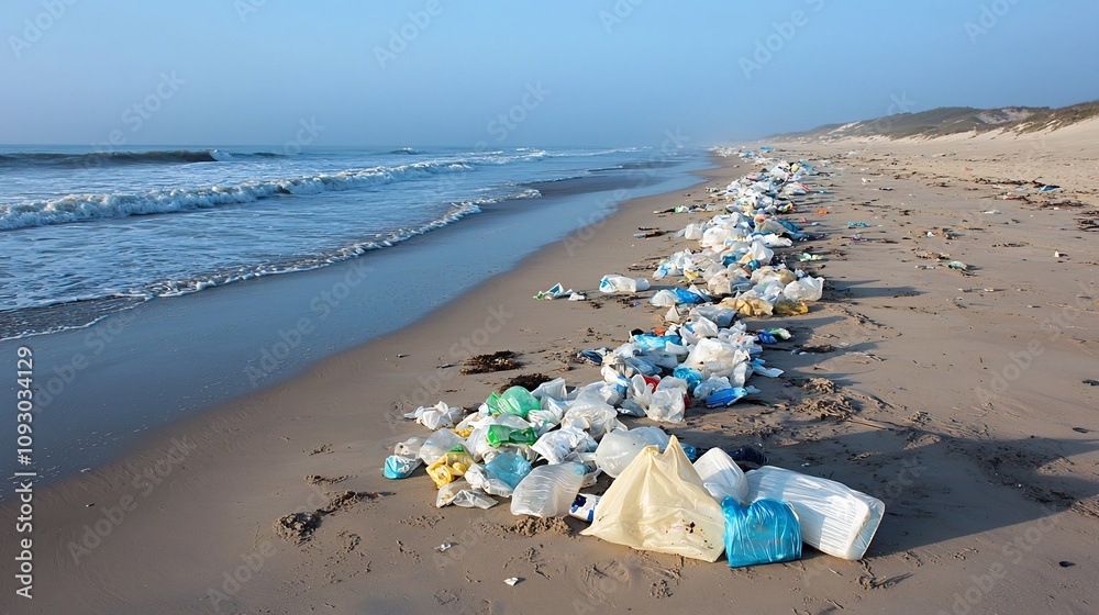 Discarded plastic bags and other waste scattered along a sandy beach illustrating the environmental damage and pollution crisis caused by plastic waste and single use plastics Discarded plastic bags and other waste scattered along a sandy beach illustrating the environmental damage and pollution crisis caused by plastic waste and single use plastics