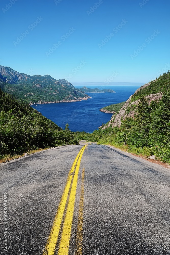 Scenic road leading to vibrant blue lake surrounded by mountains in daytime Scenic road leading to vibrant blue lake surrounded by mountains in daytime