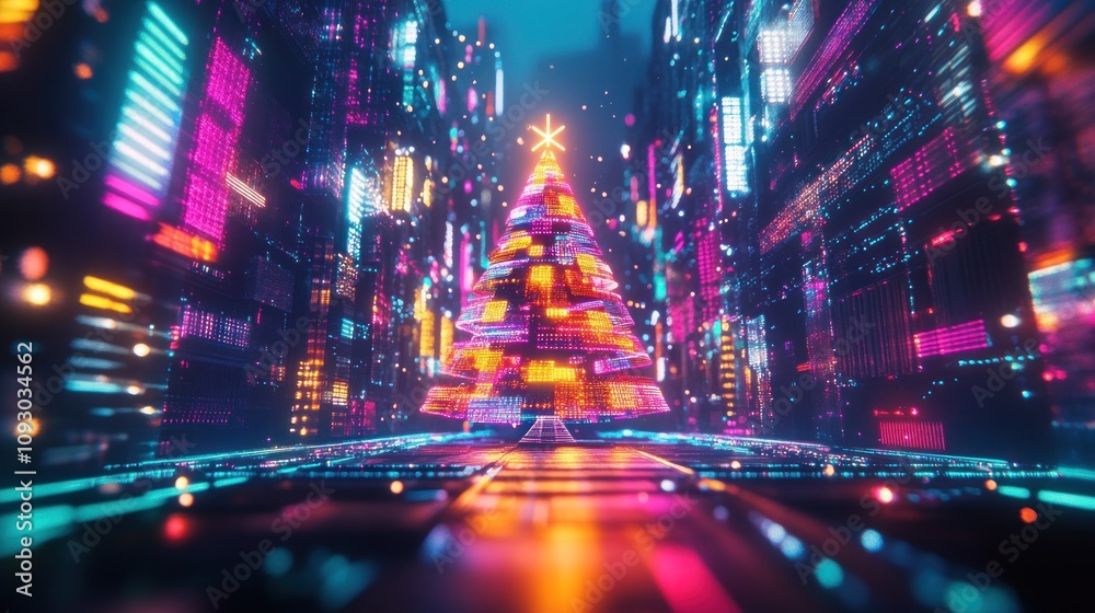 A glowing binary Christmas tree in vibrant neon colors, standing in a Tron-like digital cityscape with shimmering festive lights, A glowing binary Christmas tree in vibrant neon colors, standing in a Tron-like digital cityscape with shimmering festive lights,