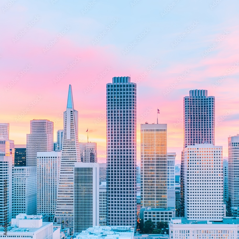 Obraz premium City skyline at sunset, pastel colors, urban landscape.