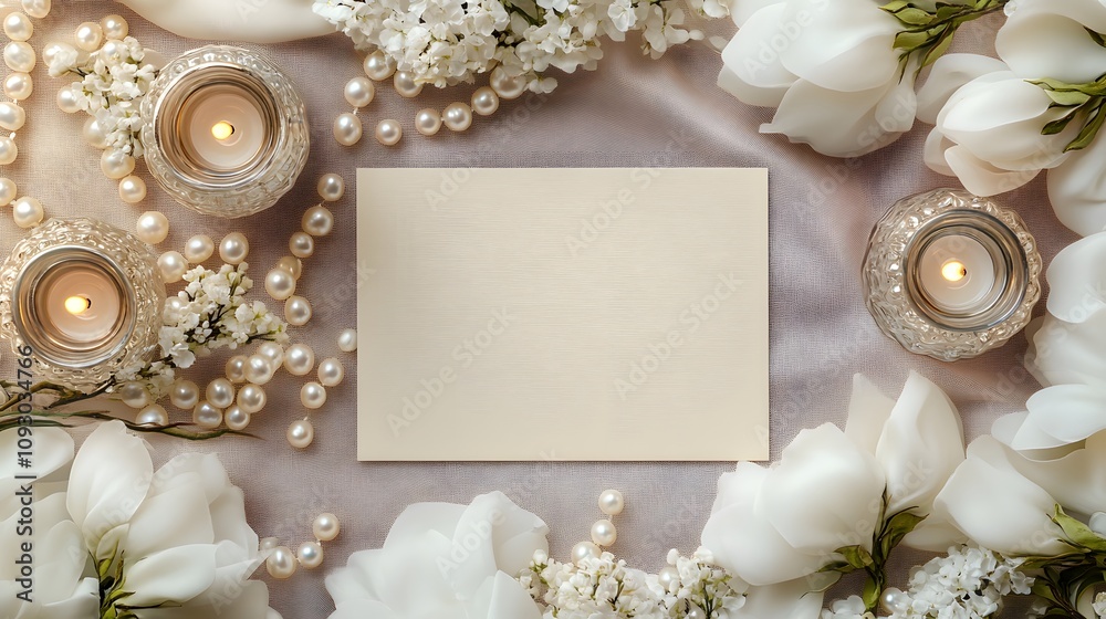 Blank mockup template of an invitation card surrounded by white silk blooms, vintage glass candle holders, and strings of pearls for a romantic touch. Blank mockup template of an invitation card surrounded by white silk blooms, vintage glass candle holders, and strings of pearls for a romantic touch.