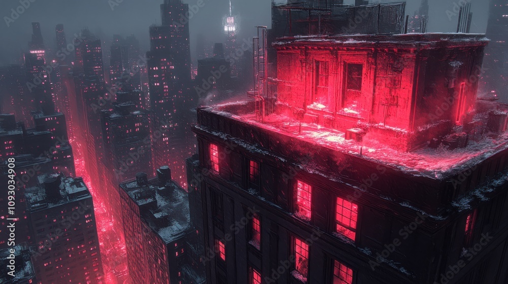 Naklejka premium Captivating Urban Nightscape with Neon Red Lighting in a Snowy Cityscape Featuring Skyscrapers Towering Under a Cloudy Sky at Dusk