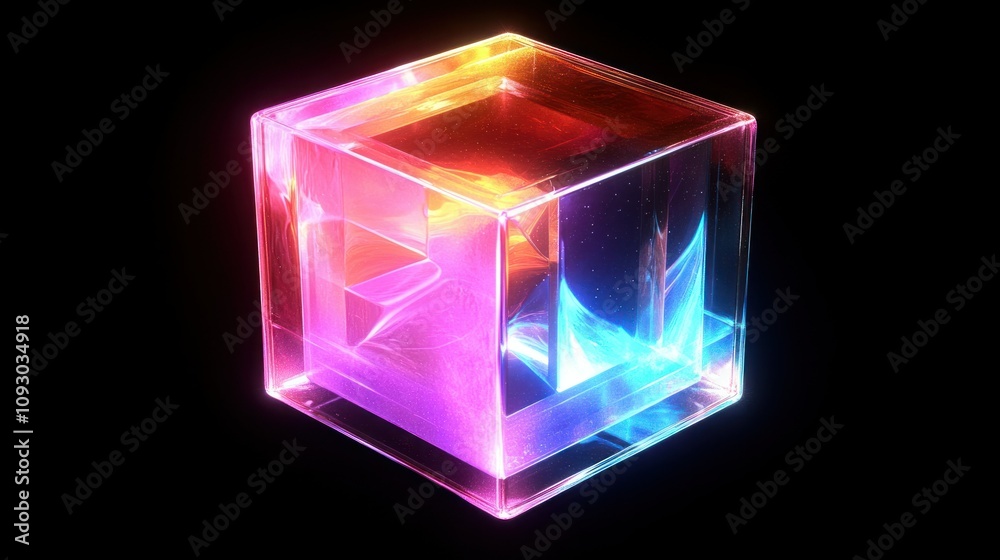 3D glowing cube with dynamic color transitions, seamlessly floating on a black backdrop in 4K detail 3D glowing cube with dynamic color transitions, seamlessly floating on a black backdrop in 4K detail