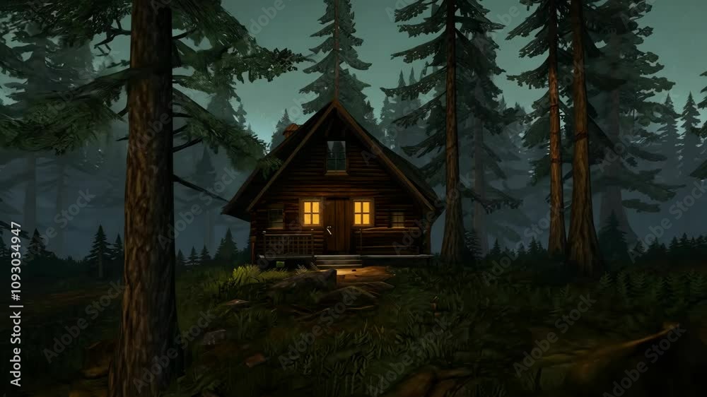 Cozy cabin illuminated in the forest at dusk with tall trees surrounding it Cozy cabin illuminated in the forest at dusk with tall trees surrounding it
