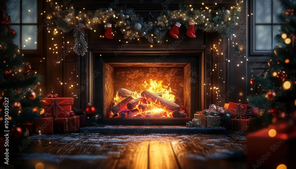 Christmas cozy fireplace with vibrant glow, soft lighting, warm and inviting atmosphere Christmas cozy fireplace with vibrant glow, soft lighting, warm and inviting atmosphere