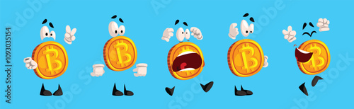 Golden Bitcoin Character with Different Emotion on Blue Background Vector Set