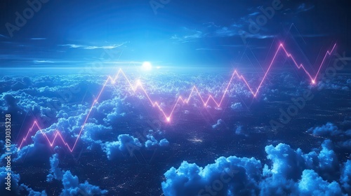 Global Market Growth Night Sky Stock Photo Financial Chart over Clouds