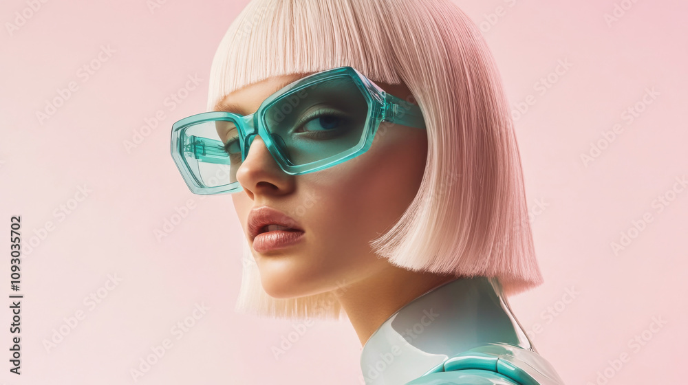 Model poses stylishly with mint green sunglasses against a pastel pink background in a trendy fashion shoot Model poses stylishly with mint green sunglasses against a pastel pink background in a trendy fashion shoot