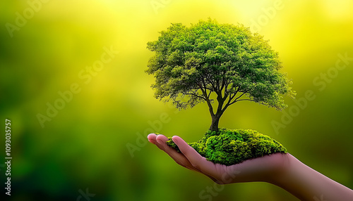 Hand Holding a Green Tree on a Mossy Palm Against a Soft Green Background photo