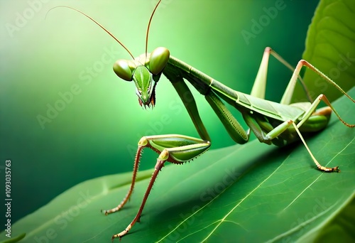 A praying mantis perched on a green leaf, with intricate textures and sharp focus on its limbs and eyes