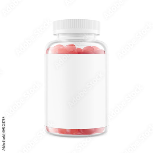 Clear eye-catching pill bottle with label mockup for supplements, vitamins, gummies. Vector illustration isolated on white backgrounds. Mockup is ideal for health projects. EPS10.