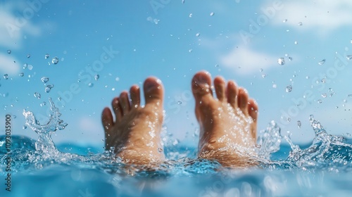 Clear water splashing off a swimmer s feet as they kick in the pool, feet splash, dynamic pool motion photo