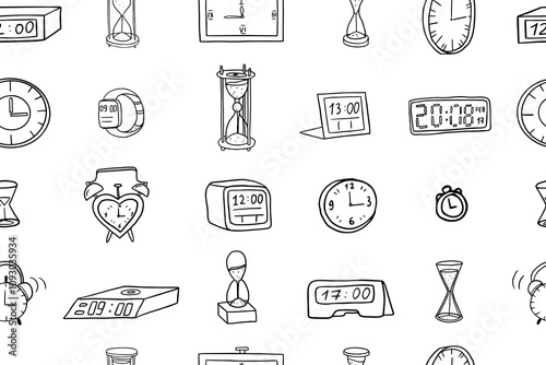 Seamless pattern of watch in doodle style. Wrist watch, clock, hourglass, alarm, round clock, clock face, square clock, mechanical watches, quartz watches, digital watch, wall clock. Exact time