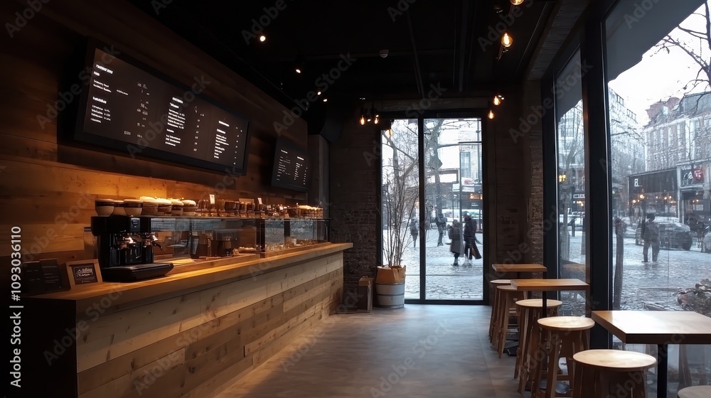 Modern Coffee Shop Interior Wood Menu Tables Urban View Modern Coffee Shop Interior Wood Menu Tables Urban View