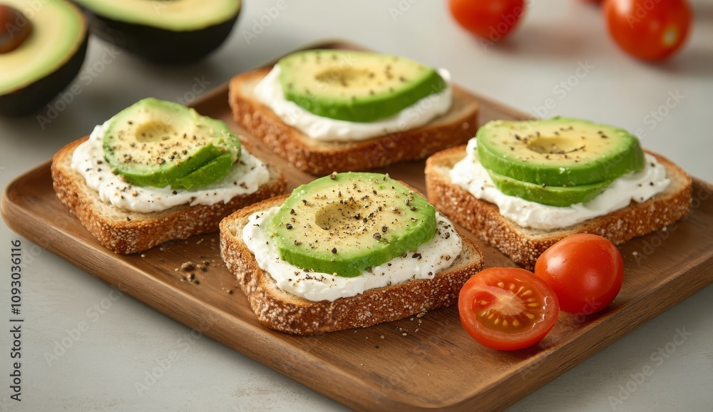 Creamy avocado toast topped with fresh cucumber slices and cherry tomatoes on a wooden board Creamy avocado toast topped with fresh cucumber slices and cherry tomatoes on a wooden board