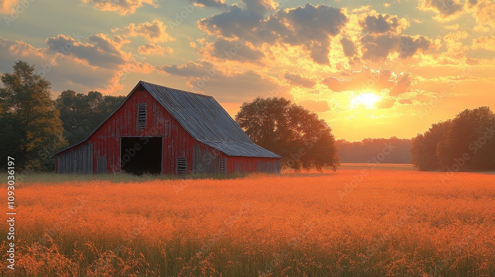 Serene Sunrise Over a Rustic Red Barn Amidst Golden Fields and Lush Green Trees in a Peaceful Rural Landscape Serene Sunrise Over a Rustic Red Barn Amidst Golden Fields and Lush Green Trees in a Peaceful Rural Landscape