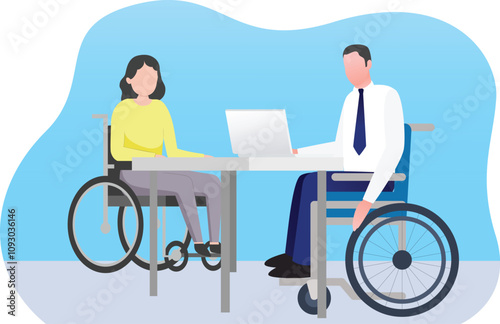 Disable employee with disability in wheelchair employee sitting in wheelchair meeting with manager with disability two disabled meeting.Promotes equal opportunities in professional settings.