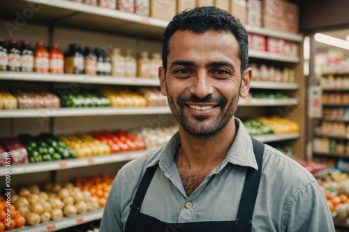 Close portrait of a smiling 40s Yemeni male grocer standing and looking at the camera, Yemeni grocery store blurred background