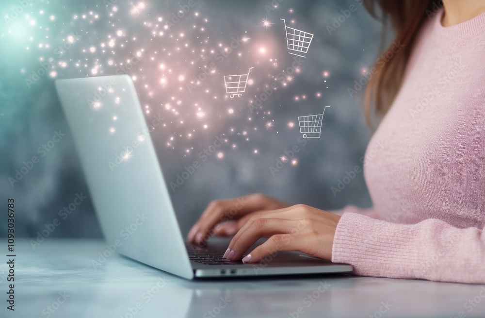 Engaging in online shopping with virtual cart icons in a cozy setting Engaging in online shopping with virtual cart icons in a cozy setting