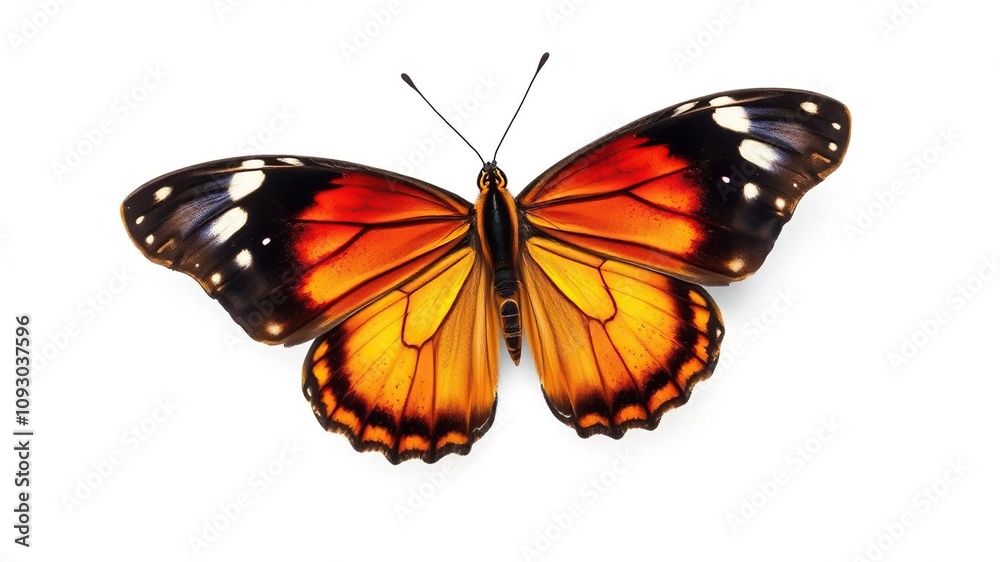 Obraz premium A beautiful butterfly isolated on a soft white background, showcasing its intricate details and vibrant colours., artistic rendering, colourful