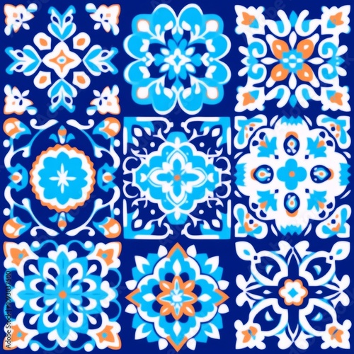 Colorful floral patterned tiles, seamless design.