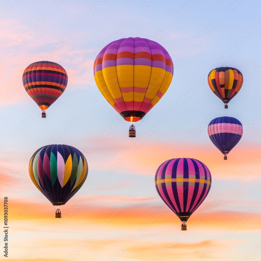 Fototapeta premium Colorful hot air balloons soar in a vibrant sunset sky.