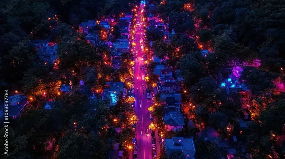 Obraz premium Night Cityscape Aerial View of Illuminated Street Houses and Trees