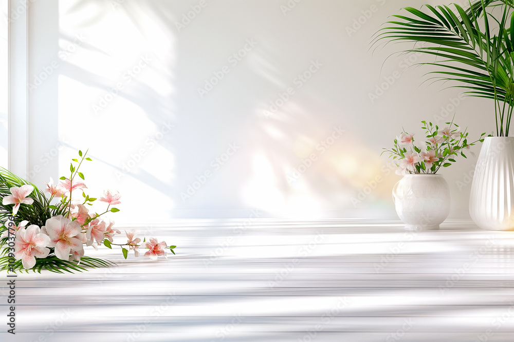 Elegant flowers and greenery against a white backdrop create a serene and inviting atmosphere Elegant flowers and greenery against a white backdrop create a serene and inviting atmosphere